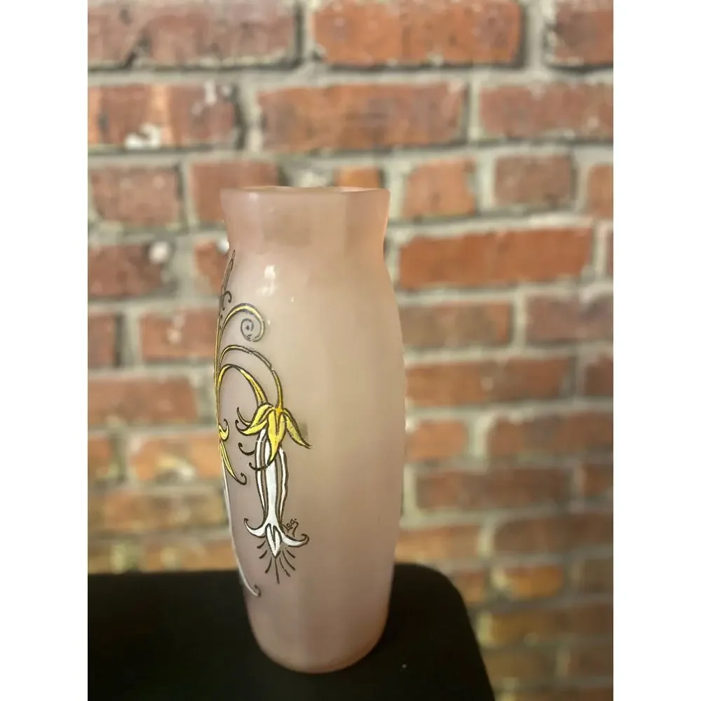 Vintage Pink Tall Art Nouveau Deco Enameled Glass Legras Vase Fleur de Marie
